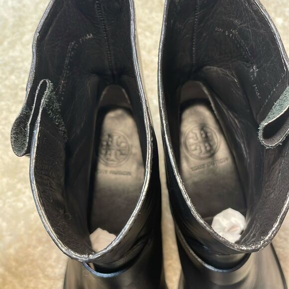 Tory Burch Black Leather Moto Boots Buckle Strap Ankle/Mid-Calf Boots Sz 7.5 - Picture 10 of 16